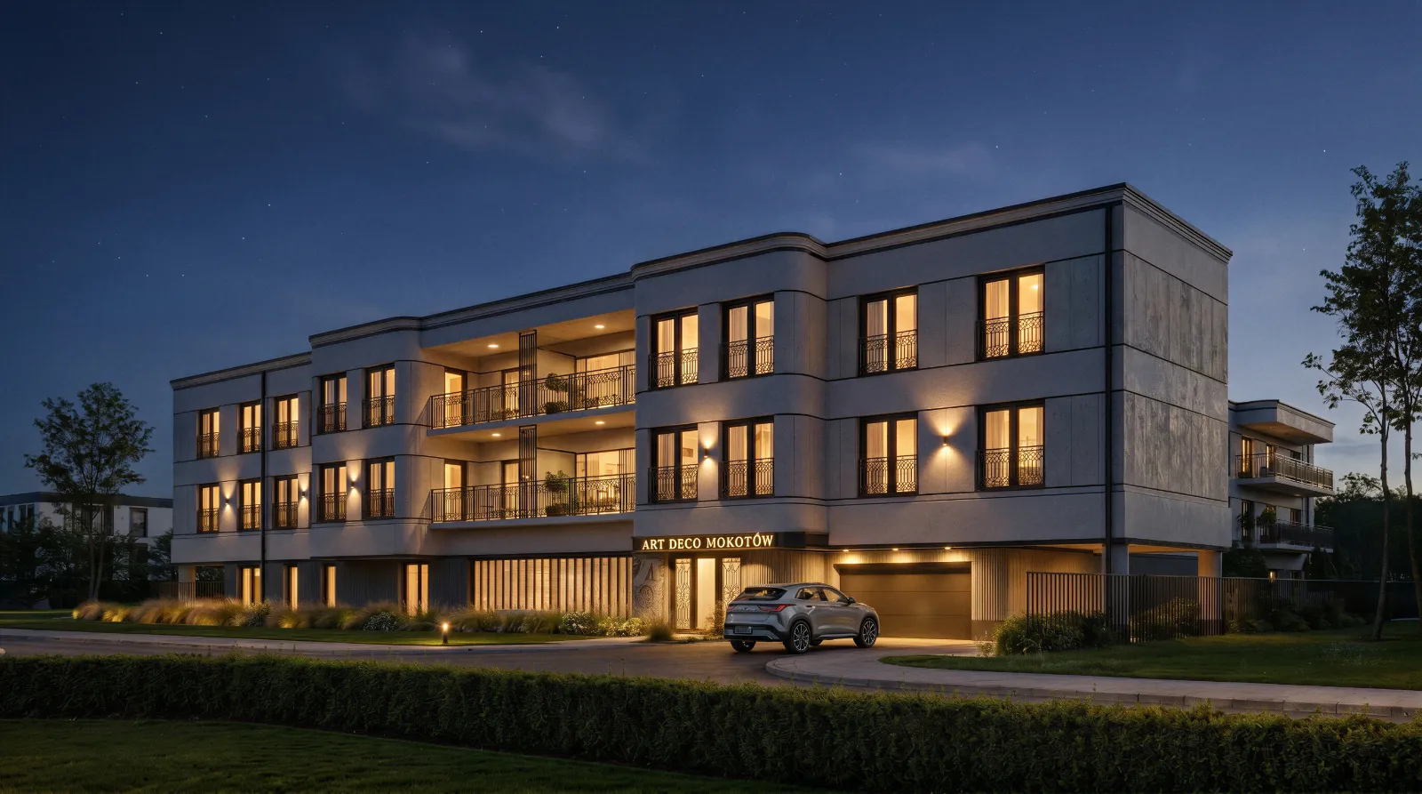 A render of the Art Deco Mokotów development at dusk
