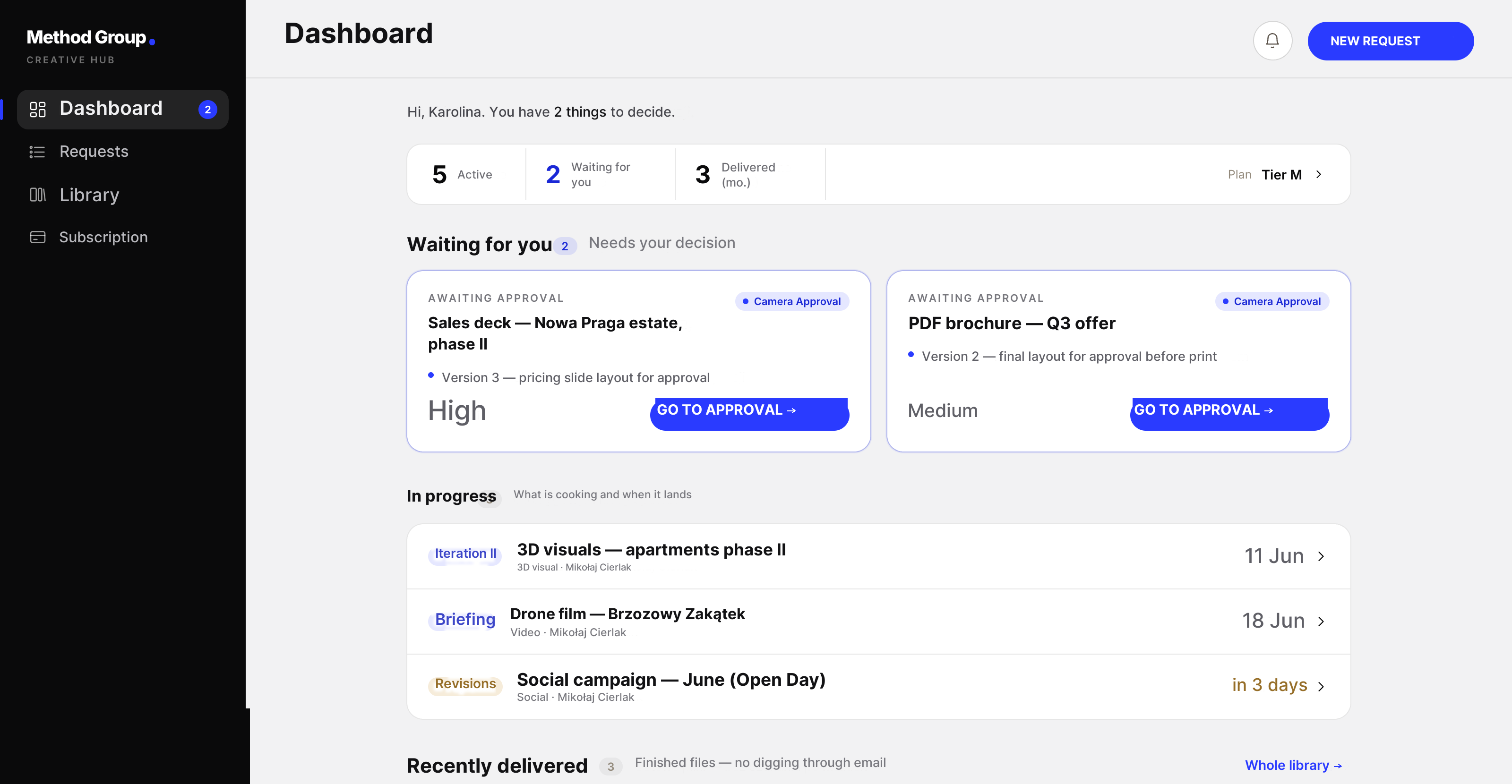 The Method Creative Hub dashboard — what's awaiting a decision, what's in progress, what's delivered