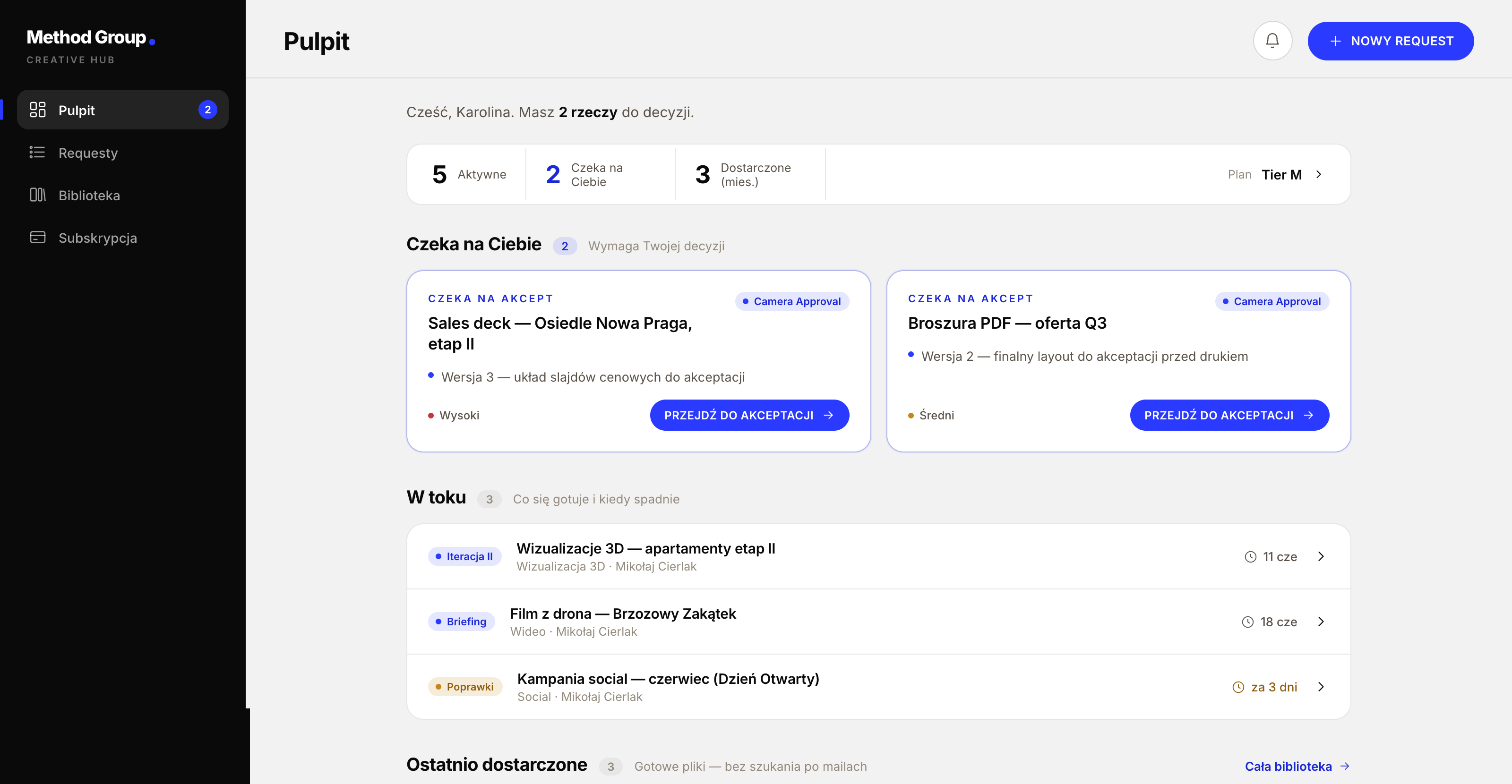 Pulpit Method Creative Hub — co czeka na decyzję, co jest w toku, co dostarczone