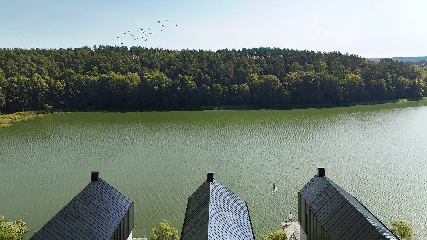 Przystań Borowe — bryły domów w porannej mgle