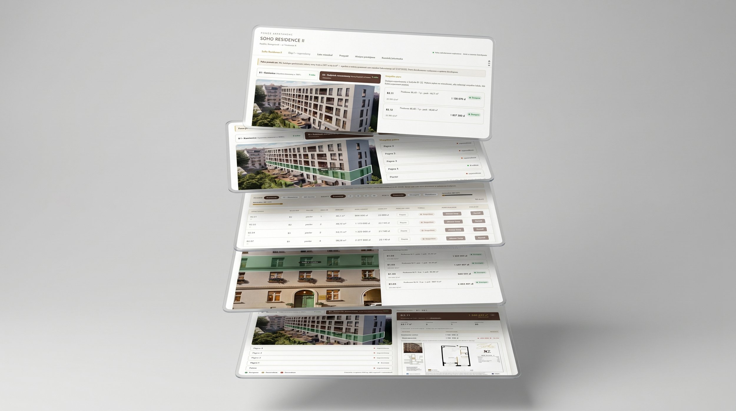 Screens from the Soho Residence apartment finder — the unit list, prices and availability