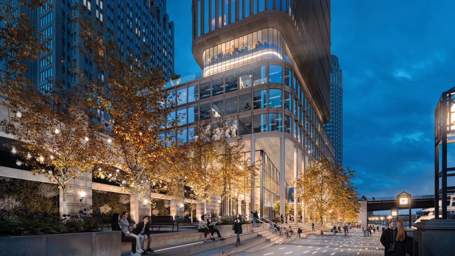 Northline Tower — nabrzeże i parter wieczorem