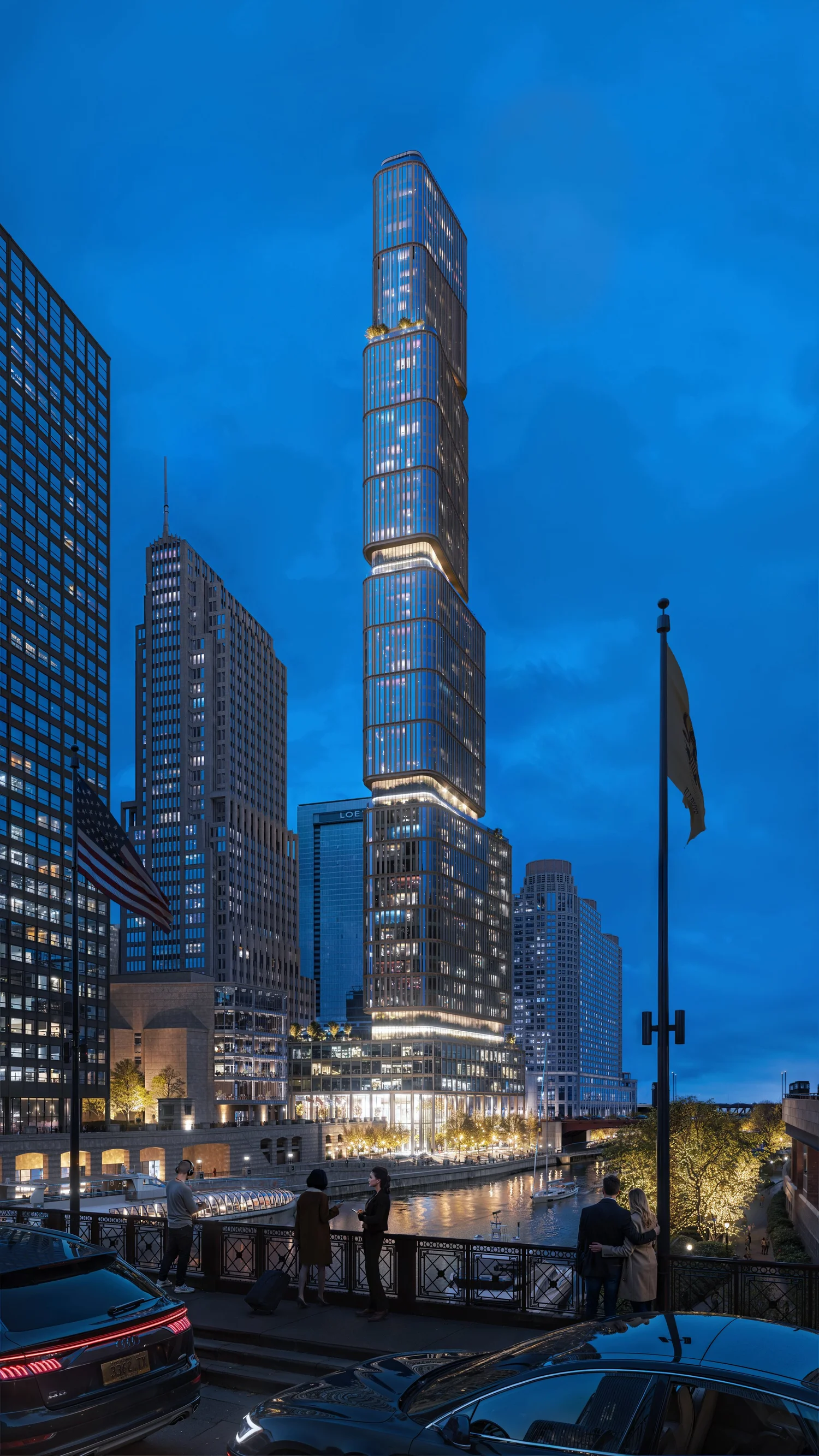 Northline Tower — pełna sylwetka od bulwaru nocą