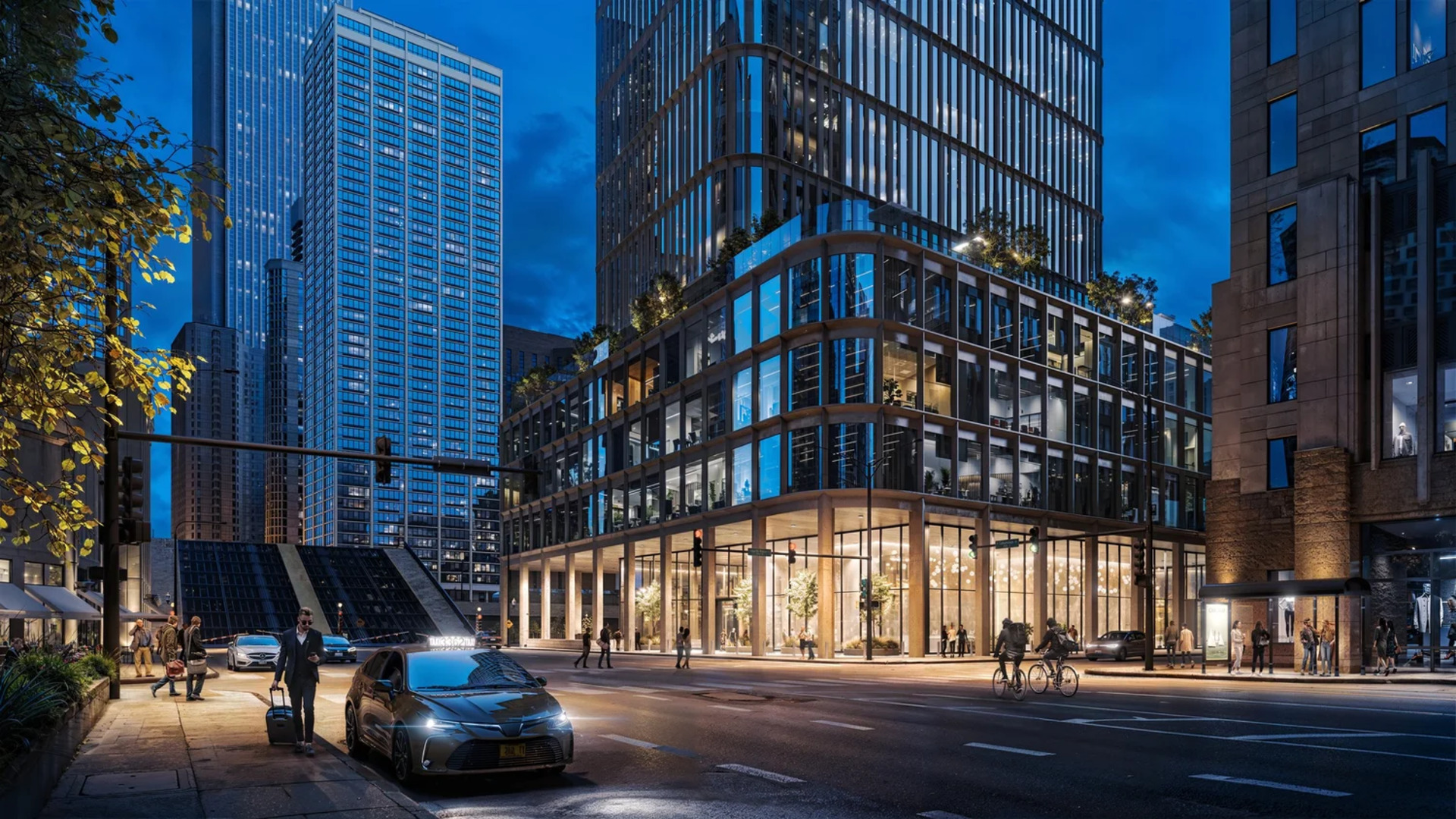 Northline Tower — parter i witryny usługowe wieczorem
