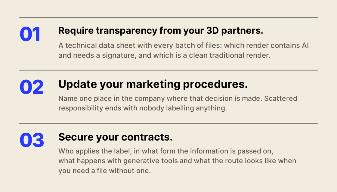 AI Act checklist — three steps: demand transparency from your 3D makers, update your marketing procedures, secure your contracts