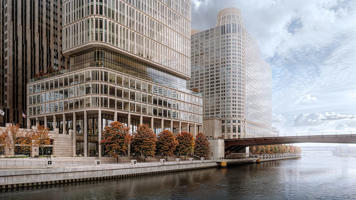 Northline Tower — nabrzeże w dzień, sylwetka wieży od strony mostu
