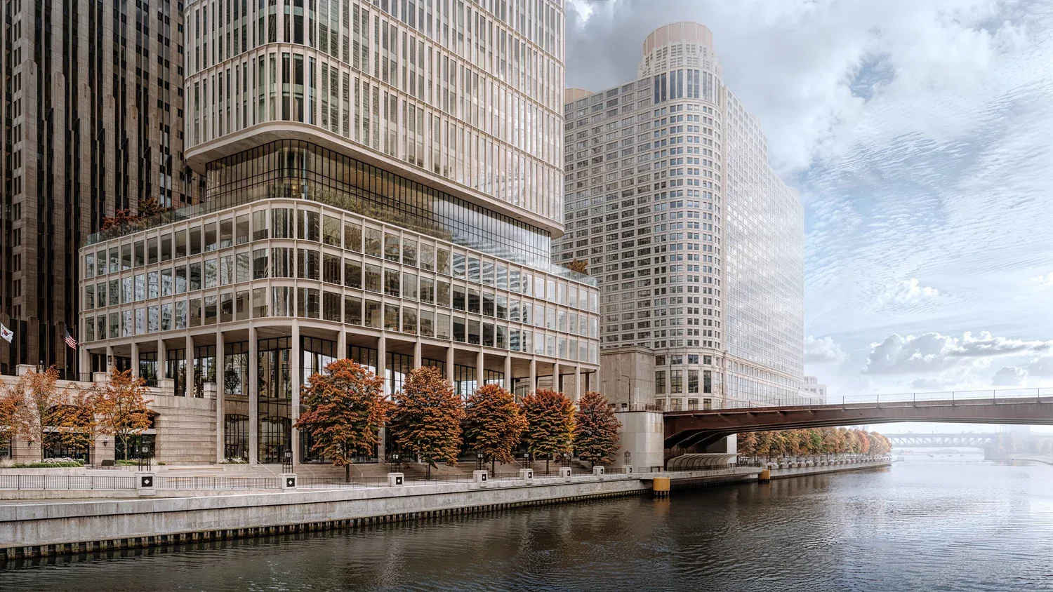 Northline Tower — nabrzeże w dzień, sylwetka wieży od strony mostu